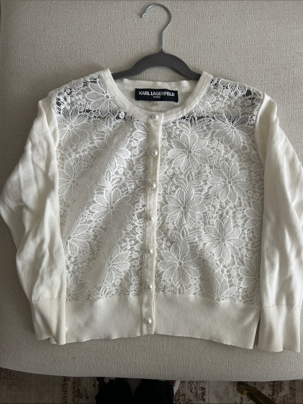 Karl Lagerfeld Cream Lace-Front Pearl Button Cardigan